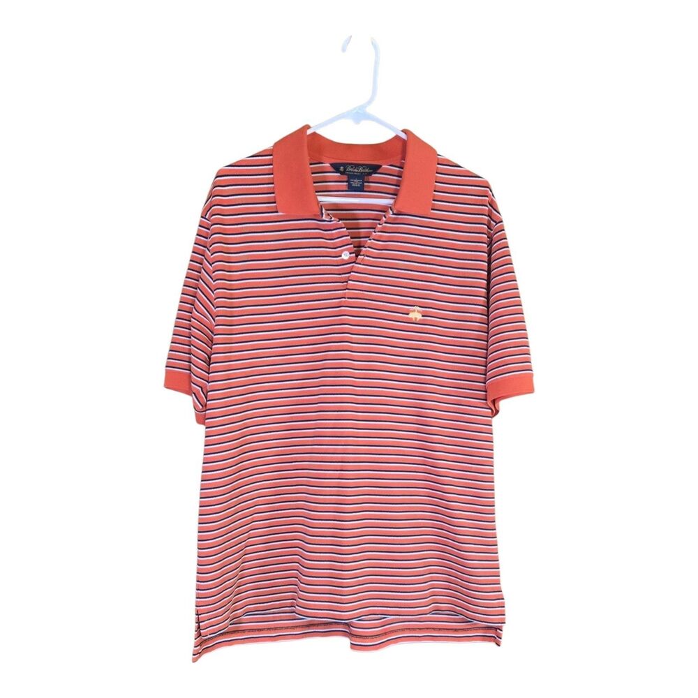 Brooks Brothers Performance Knit Polo Shirt Mens L 100% cotton Orange w/Stripes